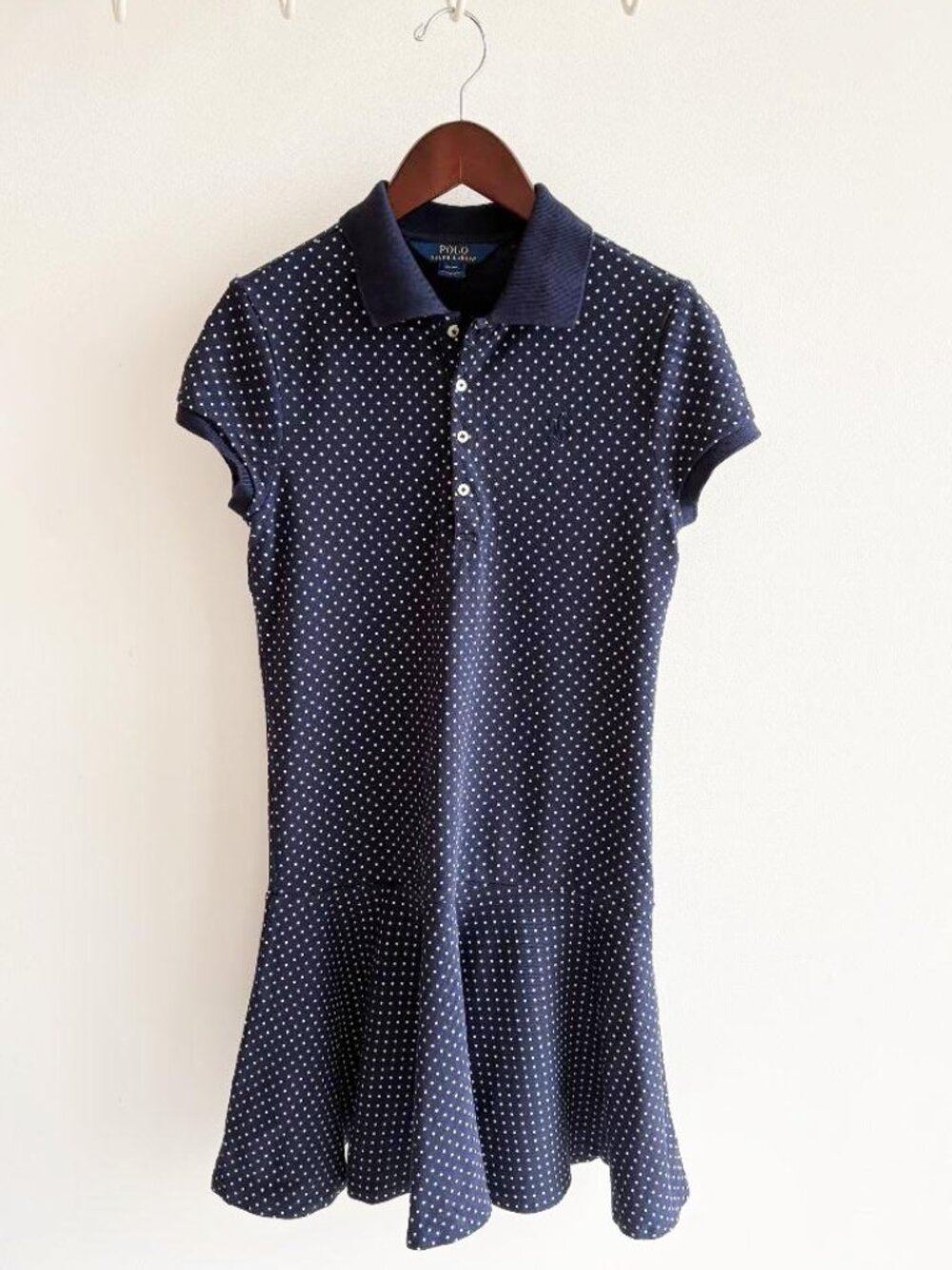Polo Ralph Lauren Navy Blue & White Polka Dot Drop Waist Stretch Dress